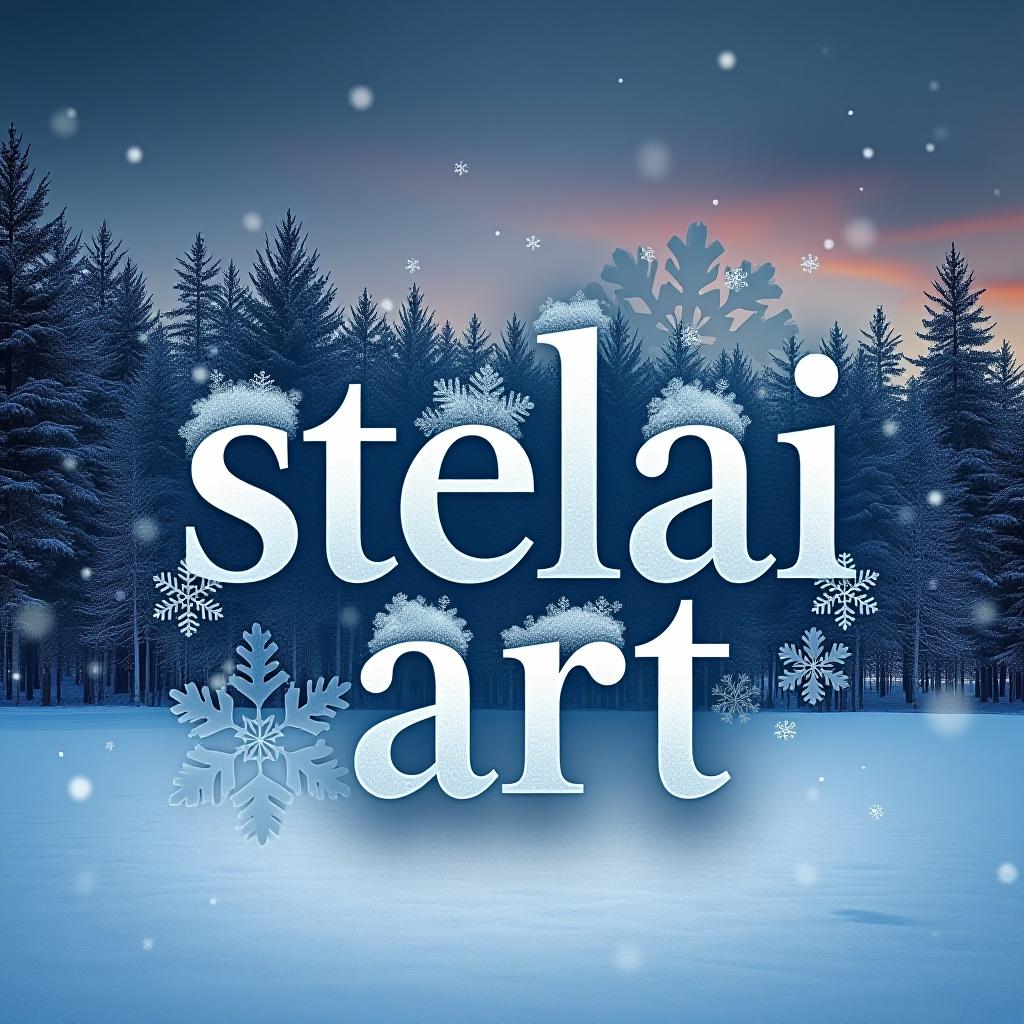  "create a winter themed lettering artwork featuring the capitalized text 'stelai art.' the design should evoke the chill and beauty of winter, incorporating elements like snowflakes, icicles, and frosty patterns. use elegant, flowing fonts with a cool, calm layout, and integrate icy colors such as deep blues, frosty whites, and silver. the background should complement the wintery vibe, possibly with a snowy landscape, pine trees, or a twilight sky with softly falling snow."