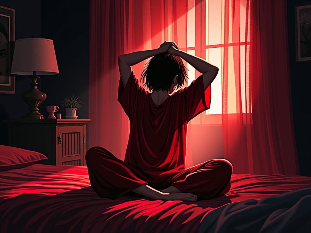  person stretching in red nightwear, morning light streaming in, feeling refreshed and energized. the style is digital art illustration / modern comic book / graphic dark novel fantasy and mysterious occult, symbolic, moody lighting, esoteric vibe,high detail on character design. for the color scheme emphasize blacks and reds.