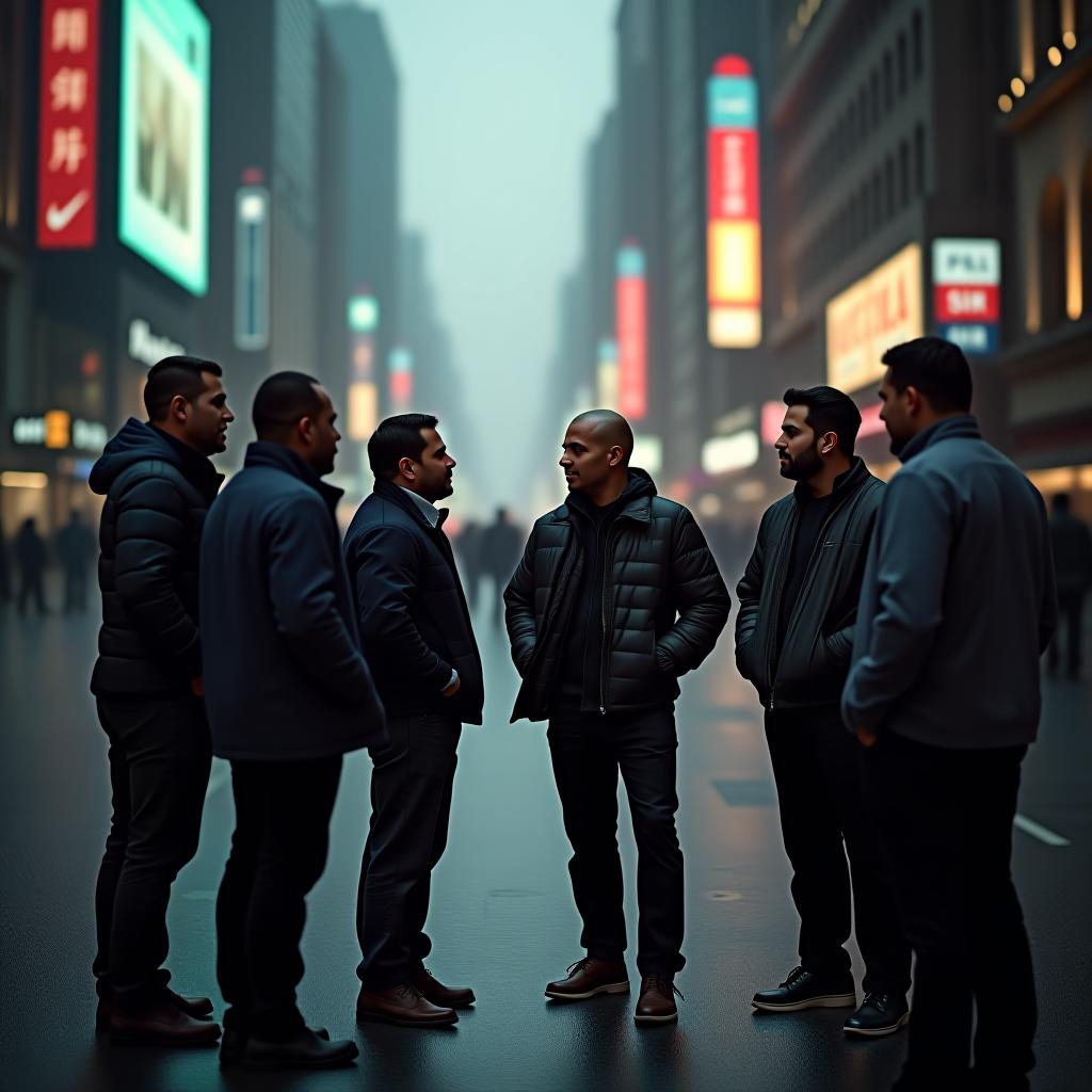  there are six men on the street in the big city and talking to each other hyperrealistic, full body, detailed clothing, highly detailed, cinematic lighting, stunningly beautiful, intricate, sharp focus, f/1. 8, 85mm, (centered image composition), (professionally color graded), ((bright soft diffused light)), volumetric fog, trending on instagram, trending on tumblr, HDR 4K, 8K