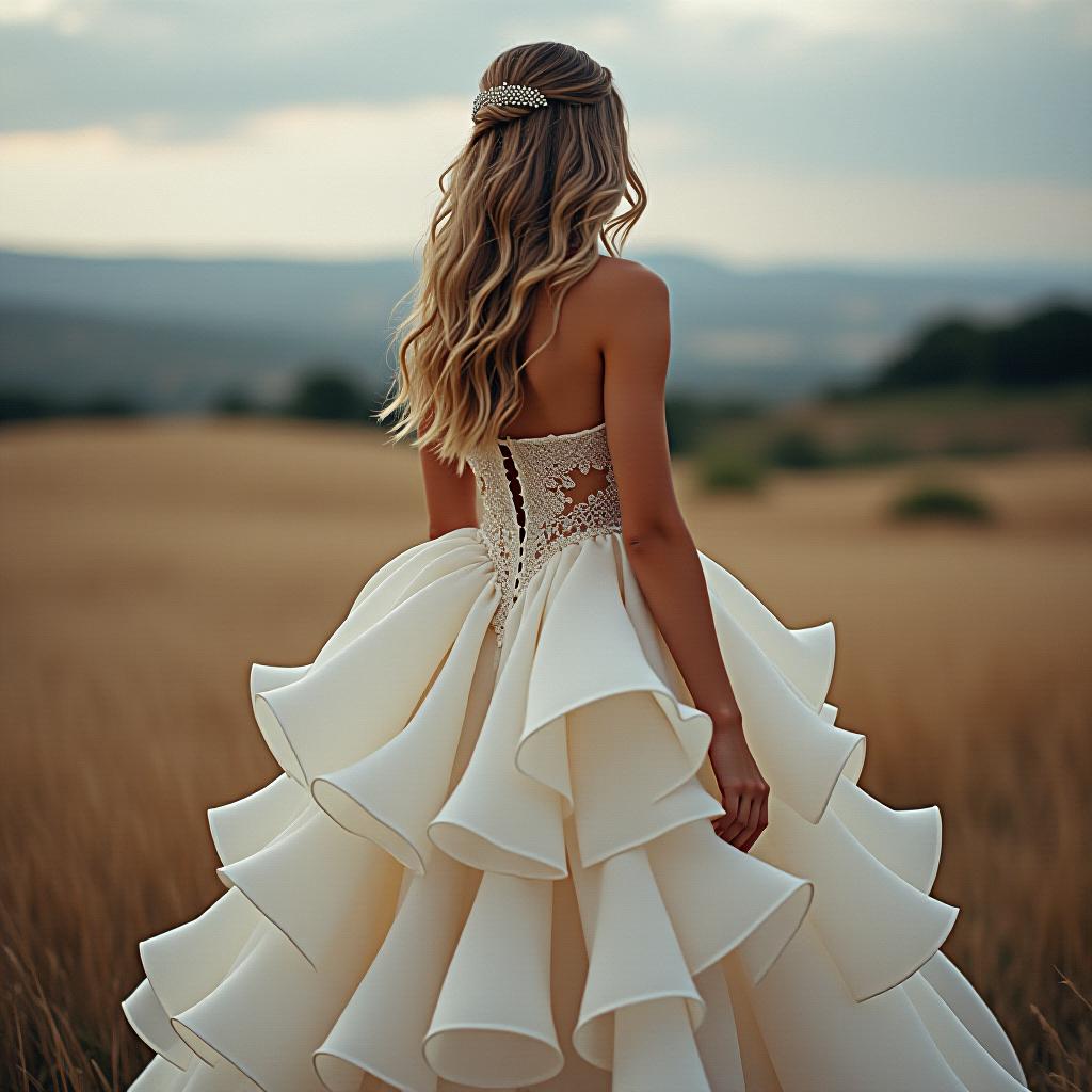  a girl in an unusual wedding dress.