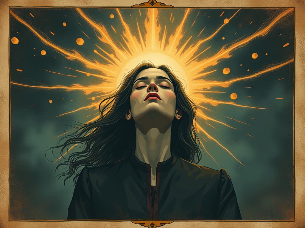  figure with eyes closed, surrounded by an aura of vivid, dynamic light, breaking through mundane layers, transformative, awakening. an illustration in the style of a worn, mystical old tarot trump card, mysterious and elements of surrealism. the colors are muted, somber and eerie, but with contrast bring out an occult and esoteric vibe.