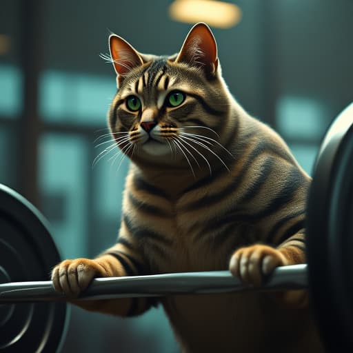  as the gym echoes with the clink of weights and the murmur of determination, visualize hemule, the anthropomorphic tabby cat, showcasing immense strength and determination. hemule, with their rebellious charm and edgy vibe, is bench pressing an impressive 300kg, their muscles rippling with power. the scene exudes intensity, with the barbell bending under the weight, hemule's green eyes focused and unwavering. the lighting accentuates their sleek fur, highlighting the mix of brown, black, and grey stripes that adorn their fur with a touch of elegance. the atmosphere crackles with energy, capturing the essence of hemule's charismatic and tough persona. the image, crafted with hyper realistic precision, blurs the hyperrealistic, full body, detailed clothing, highly detailed, cinematic lighting, stunningly beautiful, intricate, sharp focus, f/1. 8, 85mm, (centered image composition), (professionally color graded), ((bright soft diffused light)), volumetric fog, trending on instagram, trending on tumblr, HDR 4K, 8K