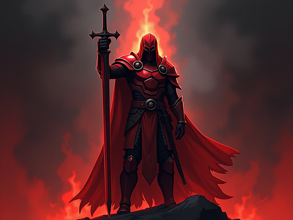  red armored guardian standing vigilant, sword raised, against a backdrop of shadowy flames, mood of defiance. the style is digital art illustration / modern comic book / graphic dark novel fantasy and mysterious occult, symbolic, moody lighting, esoteric vibe,high detail on character design. for the color scheme emphasize blacks and reds.