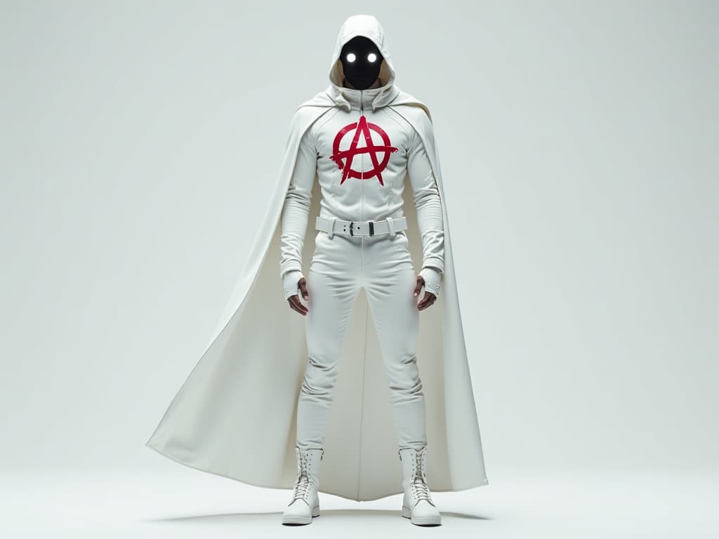  a male figure stands confidently, dressed in a striking white leather suit with a sleek, white hood and dramatic cape flowing behind him. his outfit features a white utility belt, accentuating the futuristic aesthetic. centered on his chest is a bold red anarchy symbol, contrasting sharply with the ensemble. his face is blank, devoid of features, except for his mesmerizing white glowing eyes that exude a sense of advanced technology. he wears fitted white leather pants and stylish white boots that complete the modern look. the overall scene radiates a sense of futurism, highlighting a synthesis of modern sophistication and edgy design.