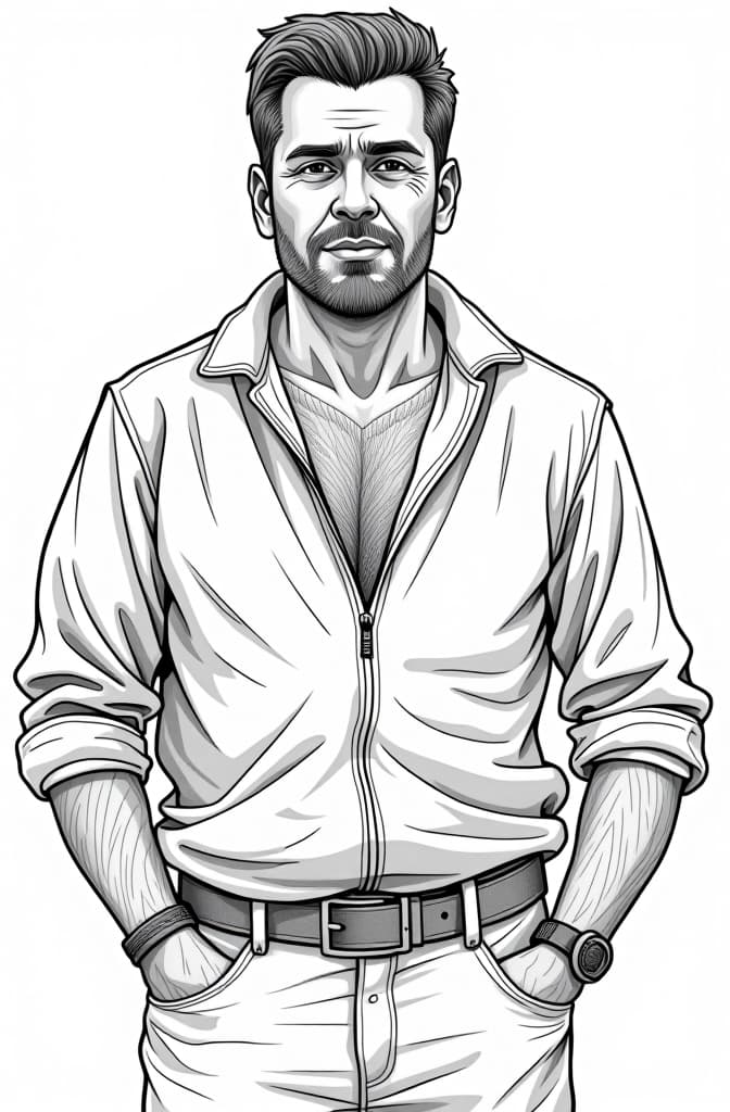  black and white line drawing of spanish man upper body, white background, clip art. hyperrealistic, full body, detailed clothing, highly detailed, cinematic lighting, stunningly beautiful, intricate, sharp focus, f/1. 8, 85mm, (centered image composition), (professionally color graded), ((bright soft diffused light)), volumetric fog, trending on instagram, trending on tumblr, HDR 4K, 8K