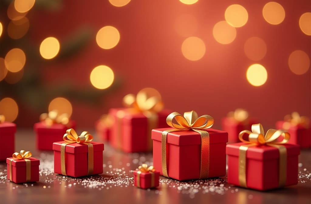  all over the image many small christmas gift red colour boxes wrapped with golden colour ribbons floating in the air over festive blurred bokeh golden background ar 3:2 {prompt}, maximum details