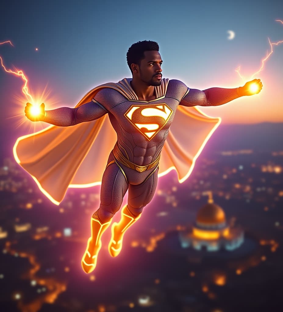  african superman king priest, flying over the dome of the rock in jerusalem, his cape is radiant iridescent gold electric blue magenta iridescent translucent gold mli foil, transparent iridescent lightsail cape. full body ethereal aurora aura. his holographic suit is shiny and reflective refractive with iridescent aurora and gleaming ultraviolet, infrared. gold and white glowing iridescent shining energy gold armor. iridescent glowing illuminated gold "s" on chest, kamehameha plasma power sphere iridescent flashing solar fireballs glowing from his electric lightning fists! glowing iridescent lightning bolts shooting out radiating from his eyes, short curly temple fade black hair on head, white platinum goatee beard. crescent moon in the