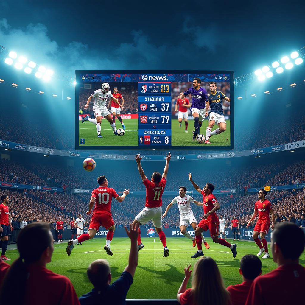  create a vibrant and dynamic sports news collage that captures the energy of various sports events from this week. the focal point should be a large digital scoreboard displaying the current scores of prominent games, such as an nfl game, an nba match, and a soccer match from a major league. surrounding the scoreboard, include a diverse array of athletes in action poses: a football player mid touchdown celebration, a basketball player soaring for a dunk, and a soccer player striking the ball. in the background, depict enthusiastic fans wearing jerseys of their favorite teams, holding up signs and cheering with exuberance. use bright colors and dynamic angles to convey the excitement of live sports. add key headlines or news snippets related hyperrealistic, full body, detailed clothing, highly detailed, cinematic lighting, stunningly beautiful, intricate, sharp focus, f/1. 8, 85mm, (centered image composition), (professionally color graded), ((bright soft diffused light)), volumetric fog, trending on instagram, trending on tumblr, HDR 4K, 8K