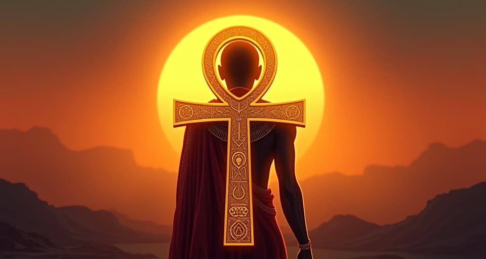  golden ankh, intricately carved, glowing with ethereal light, setting sun in the background, ancient power, mystical allure. the style is digital art illustration / modern comic book / mysterious occult, symbolic, esoteric vibe,high detail on character design, incorporating ancient egyptian symbology and attire.