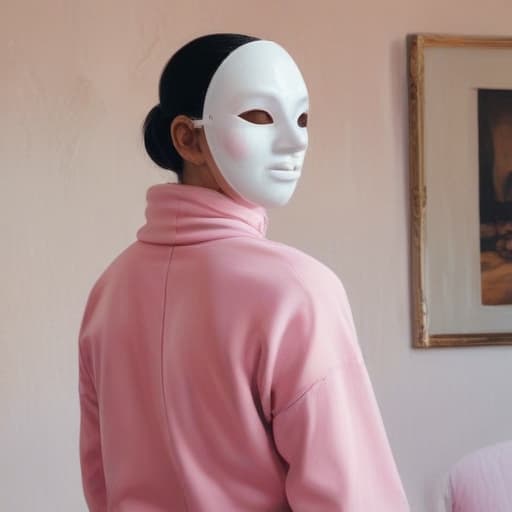 a woman with black hair stands with his back (face is not visible) in a room where there are many white masks, a picture in pink tones oil painting
