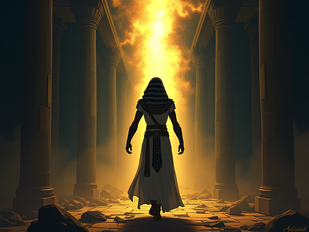  sudden burst of light in the dark, radiant and warm, illuminating the path ahead, representing moments of brilliance, atmosphere of surprise and awe. the style is digital art illustration / modern comic book / mysterious occult, symbolic, esoteric vibe,high detail on character design, incorporating ancient egyptian symbology and attire.