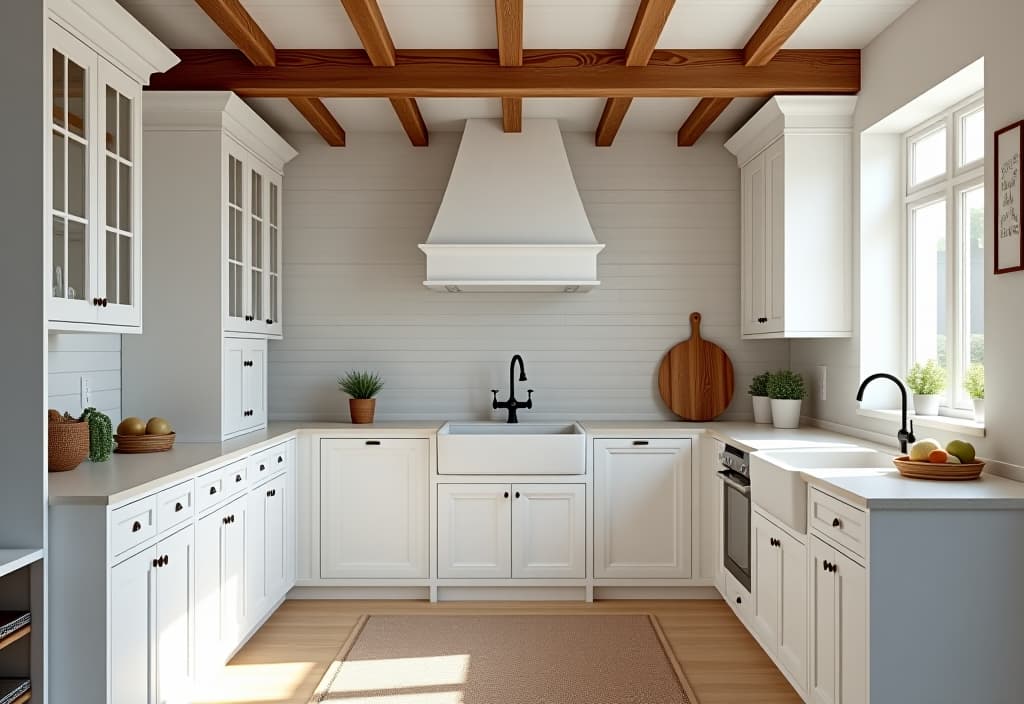  a landscape photo of a white kitchen with a rustic wood beam ceiling, farmhouse sink, and vintage inspired light fixtures, viewed from a corner perspective hyperrealistic, full body, detailed clothing, highly detailed, cinematic lighting, stunningly beautiful, intricate, sharp focus, f/1. 8, 85mm, (centered image composition), (professionally color graded), ((bright soft diffused light)), volumetric fog, trending on instagram, trending on tumblr, HDR 4K, 8K