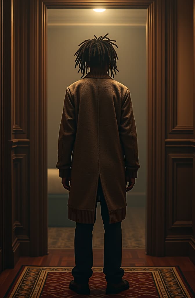  um garçom com cabelo rasta em frente a uma porta de quarto de hotel hyperrealistic, full body, detailed clothing, highly detailed, cinematic lighting, stunningly beautiful, intricate, sharp focus, f/1. 8, 85mm, (centered image composition), (professionally color graded), ((bright soft diffused light)), volumetric fog, trending on instagram, trending on tumblr, HDR 4K, 8K