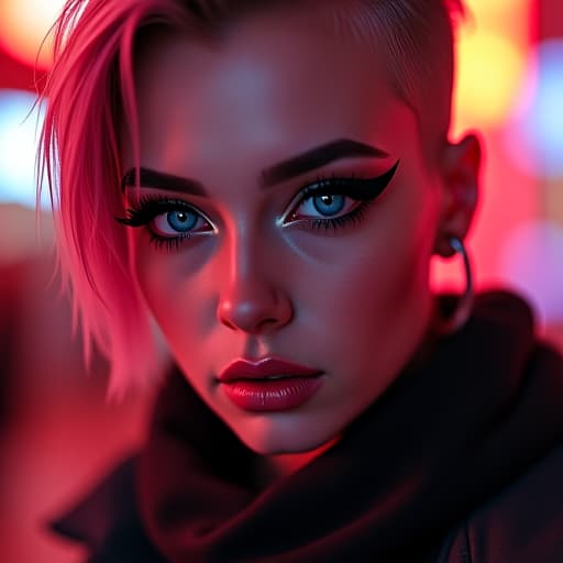  ultra realistic close up portrait ((beautiful pale cyberpunk female with heavy black eyeliner)), blue eyes, shaved side haircut, hyper detail, cinematic lighting, magic neon, dark red city, canon eos r3, nikon, f/1.4, iso 200, 1/160s, 8k, raw, unedited, symmetrical balance, in frame, 8k hyperrealistic, full body, detailed clothing, highly detailed, cinematic lighting, stunningly beautiful, intricate, sharp focus, f/1. 8, 85mm, (centered image composition), (professionally color graded), ((bright soft diffused light)), volumetric fog, trending on instagram, trending on tumblr, HDR 4K, 8K