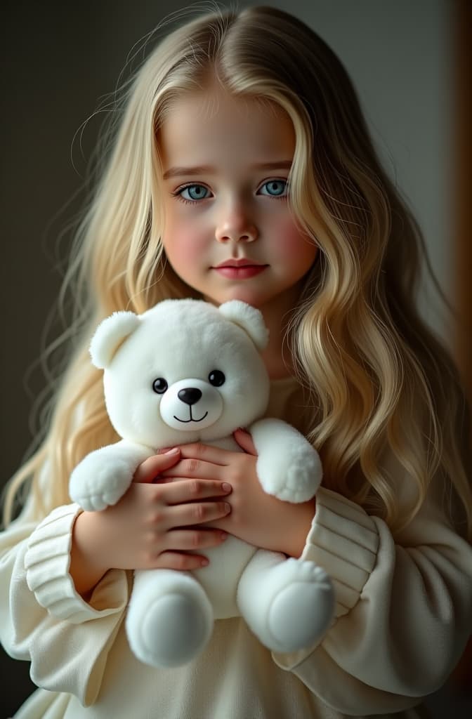  beautiful blonde girl with long hair holding a little white teady bear toy hyperrealistic, full body, detailed clothing, highly detailed, cinematic lighting, stunningly beautiful, intricate, sharp focus, f/1. 8, 85mm, (centered image composition), (professionally color graded), ((bright soft diffused light)), volumetric fog, trending on instagram, trending on tumblr, HDR 4K, 8K