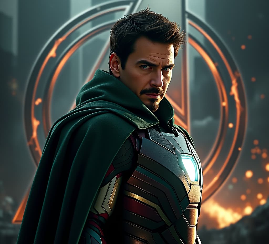  good quality, high quality, a hyper realistic movie poster for "avengers secret war" starring tom cruise as unlimate iron man. he is depicted with a sinister expression, wearing a heavily armored, dark green cloak. the background shows a war torn city in shadows, with the avengers logo partially illuminated by crackling energy.