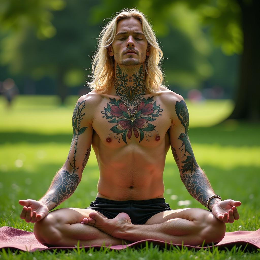  photo, thin young guy, doing yoga in the park, summer, young man with long blond hair, young man with tattoos from neck to toe, lots of tattoos, no hair on his body and no hair on his face {prompt}, maximum details