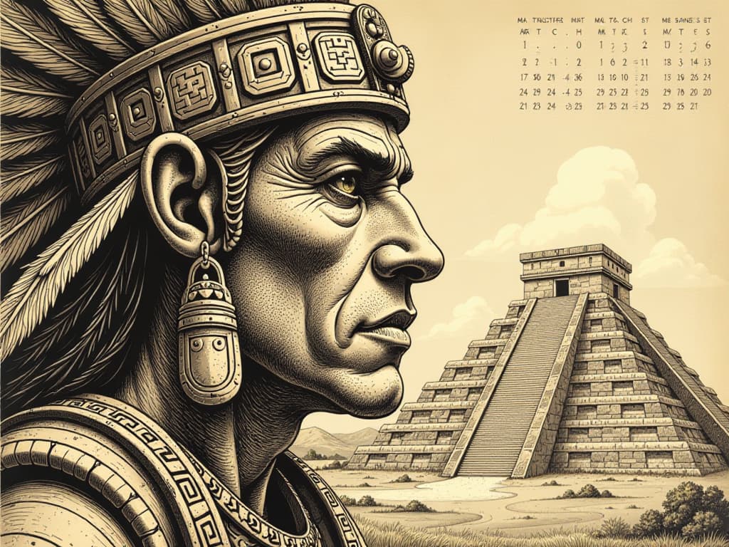  typographic art masterpiece, ink and pen drawing, old photo style, fragment of portrait of aztec chief, macro plan, eyes looking at observer and part of face with tomahawk (looking at viewer, close up). background de alized aztec calendar, aztec pyramids in the distance. brown and beige monochrome color scheme. high detail, high resolution. . stylized, intricate, detailed, artistic, text based