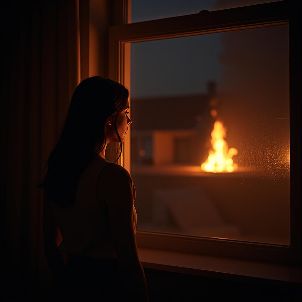  a young woman late at night, she stands by her bedroom window, her face illuminated by the bright light of a fire outside, she looks frightened as she gazes out the window, a masterpiece, cinematography, film, photorealism