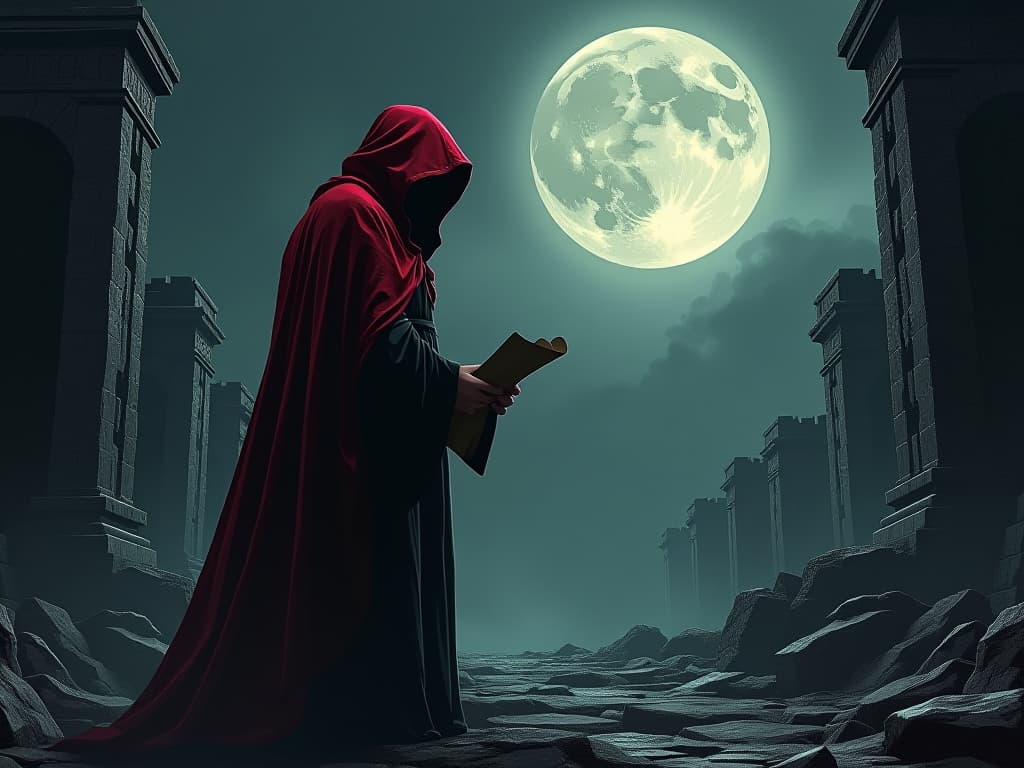  hooded figure in red velvet cloak, holding a scroll, standing under a full moon, crumbling ancient ruins, atmosphere of hidden truths revealed. the style is digital art illustration / modern comic book / graphic dark novel fantasy and mysterious occult, symbolic, moody lighting, esoteric vibe,high detail on character design. for the color scheme emphasize blacks and reds.