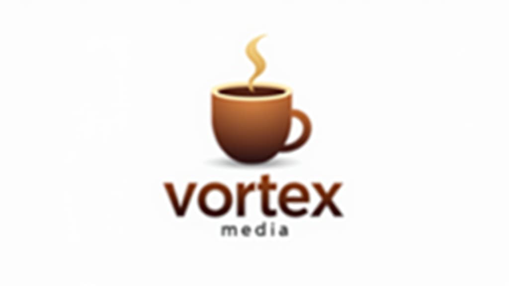  design a logo, in a threedrender style. logo of a coffee cup, brown gradient colors, white background, with the text 'vortex media'.