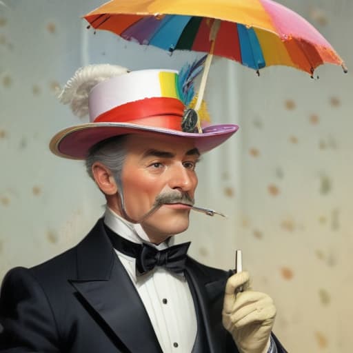 Rainbow man in drag cowboy top hat and headdress tuxedo with spur whore Elizabethan collar wand parasol, cartoon, full of colour, disney, sharp focus, illustration, 50's cartoons, norman rockwell