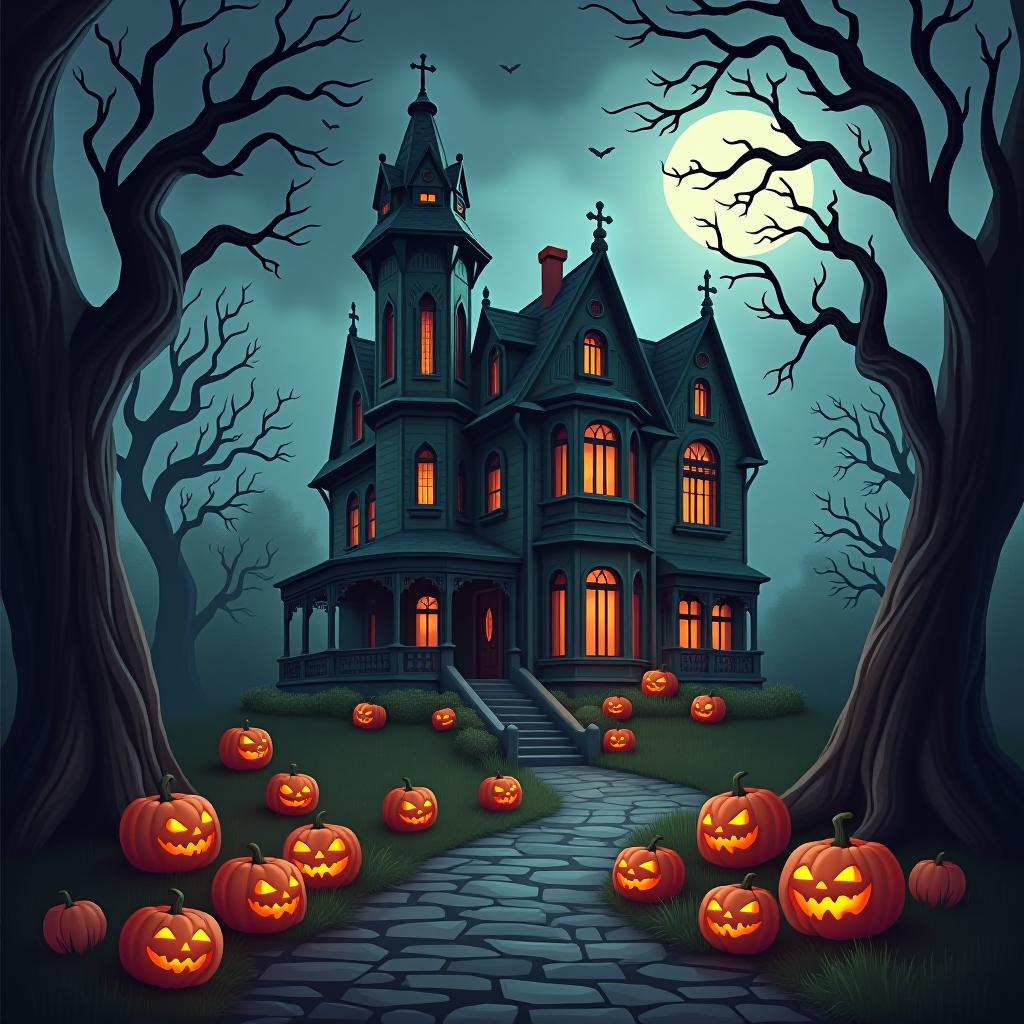  create a seamless digital painting of a spooky, halloween themed scene featuring a haunted house with gothic architecture. the house should be surrounded by twisted, gnarled trees and a multitude of jack o' lanterns. the scene should include a dark, cloudy sky to enhance the eerie atmosphere. the overall style should be detailed and atmospheric, capturing the essence of a haunted, creepy environment perfect for halloween, ensuring the design is seamless for use in repeating patterns or wraps.