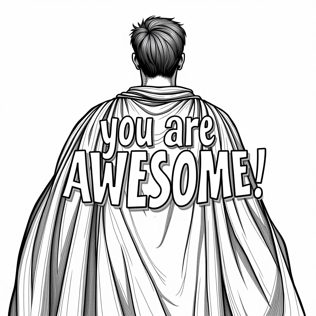  a coloring page with the words ''you are awesome!" in white with a black outline write. write the text in a superhero cape fluttering in the wind on a white background." hyperrealistic, full body, detailed clothing, highly detailed, cinematic lighting, stunningly beautiful, intricate, sharp focus, f/1. 8, 85mm, (centered image composition), (professionally color graded), ((bright soft diffused light)), volumetric fog, trending on instagram, trending on tumblr, HDR 4K, 8K