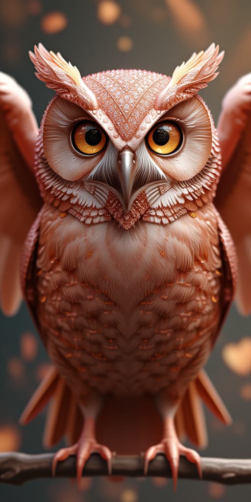  a rose gold owl with diamond studded eyes and spread wings,, high quality, high details, hd, perfect composition, 4k epic detailed, highly detailed, sharp focus, high resolution