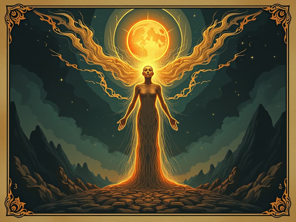  a glowing essence creating a radiant human figure within a womb like space, symbolic of creation and elevation, divine, uplifting. an illustration in the style of a worn, mystical old tarot trump card, mysterious and elements of surrealism. the colors are muted, somber and eerie, but with contrast bring out an occult and esoteric vibe.