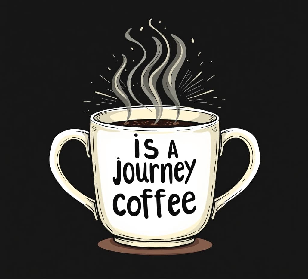  comic illustration of white coffee mug print, life is a journey enjoy your coffee, hand drawn illustration, artwork whole comic design is set on black background.