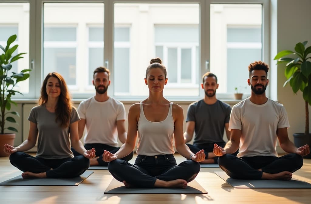  team of corporate employees having a yoga and meditation break at work in the office. group of calm, relaxed people meditating for both physical and mental wellness, productivity and good teamwork ar 3:2 {prompt}, maximum details