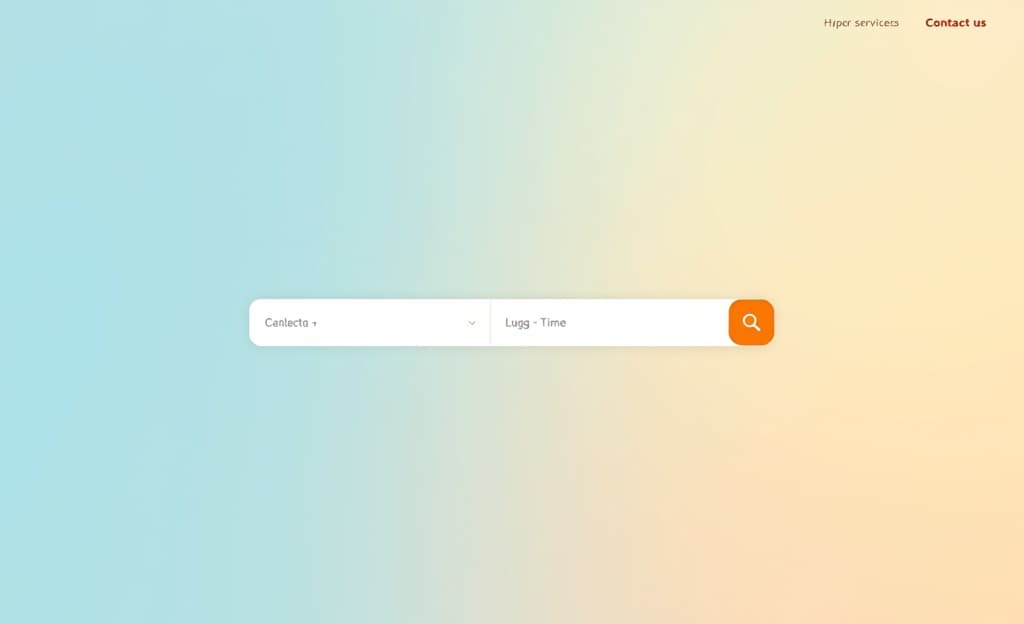  background: light gradient from soft blue at the top to light cream at the bottom, creating a smooth transition. logo: positioned at the top left corner, a simple and modern design with a warm orange accent. navigation bar: aligned to the top right with "home", "services", "partners", "contact us" options in a clean, sans serif font. search bar: centered below the navigation bar, containing fields for "arrival airport", "date", "time", and "luggage size". the input fields are bordered in light.hyper detail, intricate details, sharp focus, high resolution, 8k, ultra detailed, vib