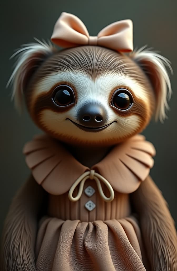  a cute sloth, with bright eyes, smiling, happy, with a bow on her head, dress colorsc hyperrealistic, full body, detailed clothing, highly detailed, cinematic lighting, stunningly beautiful, intricate, sharp focus, f/1. 8, 85mm, (centered image composition), (professionally color graded), ((bright soft diffused light)), volumetric fog, trending on instagram, trending on tumblr, HDR 4K, 8K