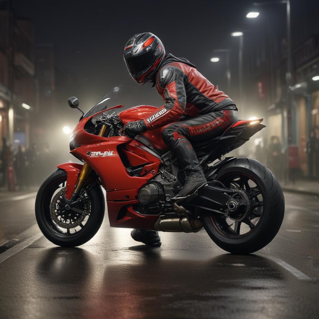 ((masterpiece)), (((best quality))), 8k, high detailed, ultra detailed, Rider wearing SHOEI x14, night street, Ducati V4 R, real, riding, high speed, detailed, Pirelli tire, two riders, no rearview mirror, open headlights hyperrealistic, full body, detailed clothing, highly detailed, cinematic lighting, stunningly beautiful, intricate, sharp focus, f/1. 8, 85mm, (centered image composition), (professionally color graded), ((bright soft diffused light)), volumetric fog, trending on instagram, trending on tumblr, HDR 4K, 8K