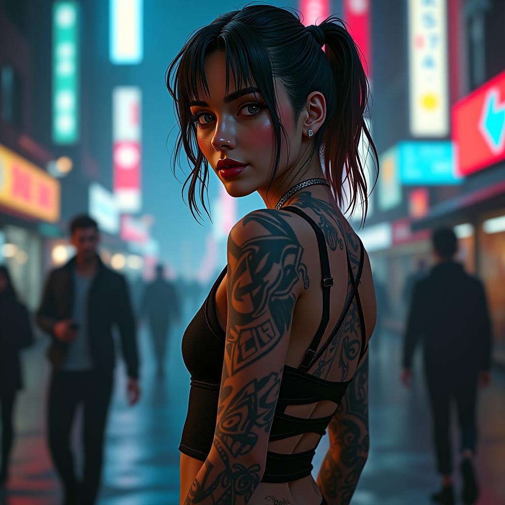  ana de armas from bladerunner, heavily tattooed, dressed as a cyberpunk girl, in the 'cyberpunk 2077' universe, in night city from the game 'cyberpunk 2077', light cybernetics, smile on face, working on tech, in the art style of shigenori soejima, facing the camera, atmospheric lighting, back lighting, high detail, very detailed hyperrealistic, full body, detailed clothing, highly detailed, cinematic lighting, stunningly beautiful, intricate, sharp focus, f/1. 8, 85mm, (centered image composition), (professionally color graded), ((bright soft diffused light)), volumetric fog, trending on instagram, trending on tumblr, HDR 4K, 8K