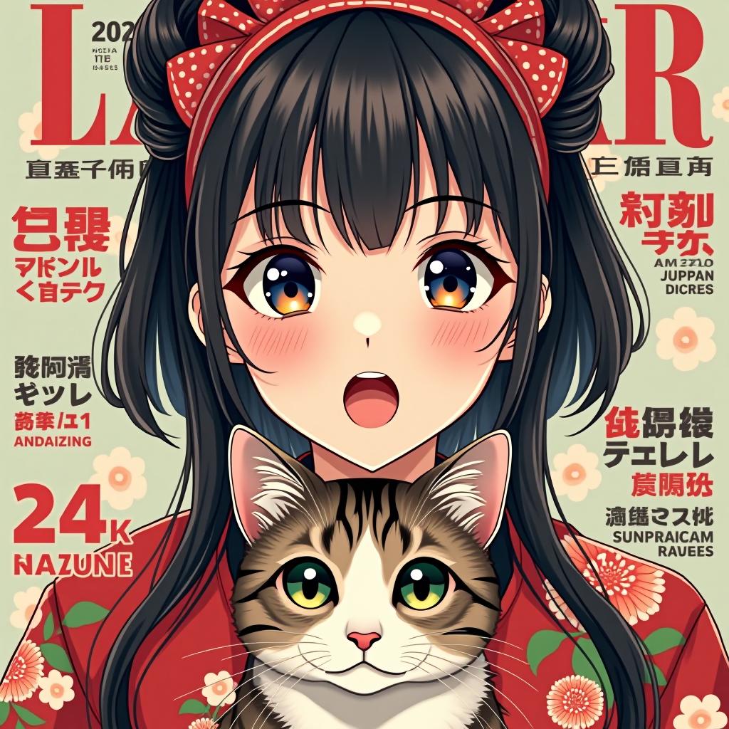  magazine cover poster, upper portrait of anime girl with cat, ultra detailed, wide open eyes, open mouth, (surprise:1,4), cel shading, artistic, shibuya fashion, harajuku fashion, mucha, frida kahlo, vivid floral oversized sukajan bomber jacket, trends of pixiv, headline, logos labels, badges, graphic design, art by miyazaki hay