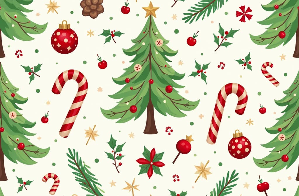  seamless christmas pattern with tree, candies, berries and christmas elements. vector 3:2 ar 3:2 {prompt}, maximum details