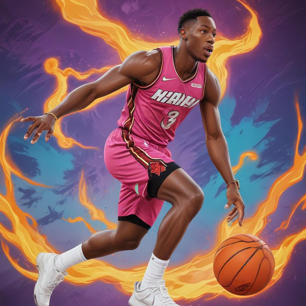 distance-shot, flashy, full-body, dynamic, holographic, animated cartoon poster of miami heat player bam adebayo in the style of dragon ball super