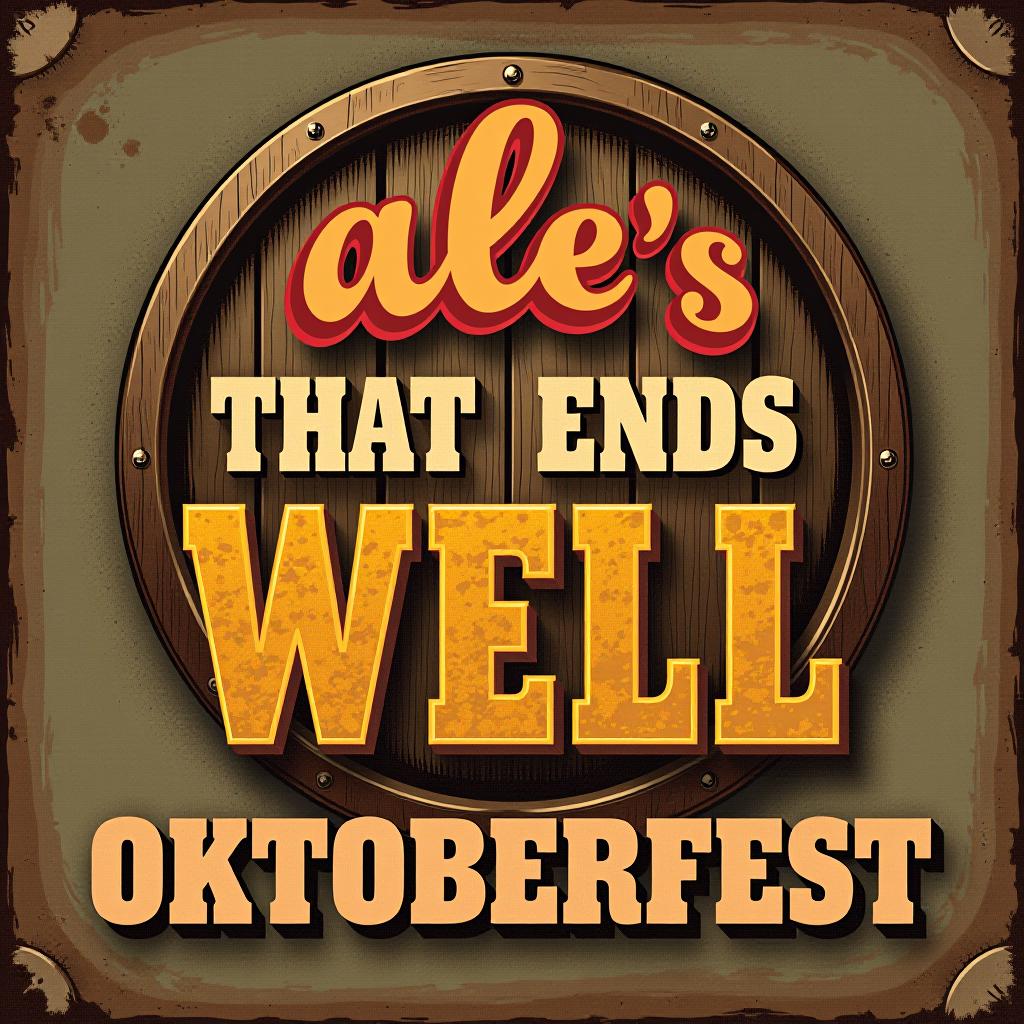  vintage style design with 'ale's well that ends well.' old fashioned beer barrel and rustic texture. place the word oktoberfest at the bottom of the image