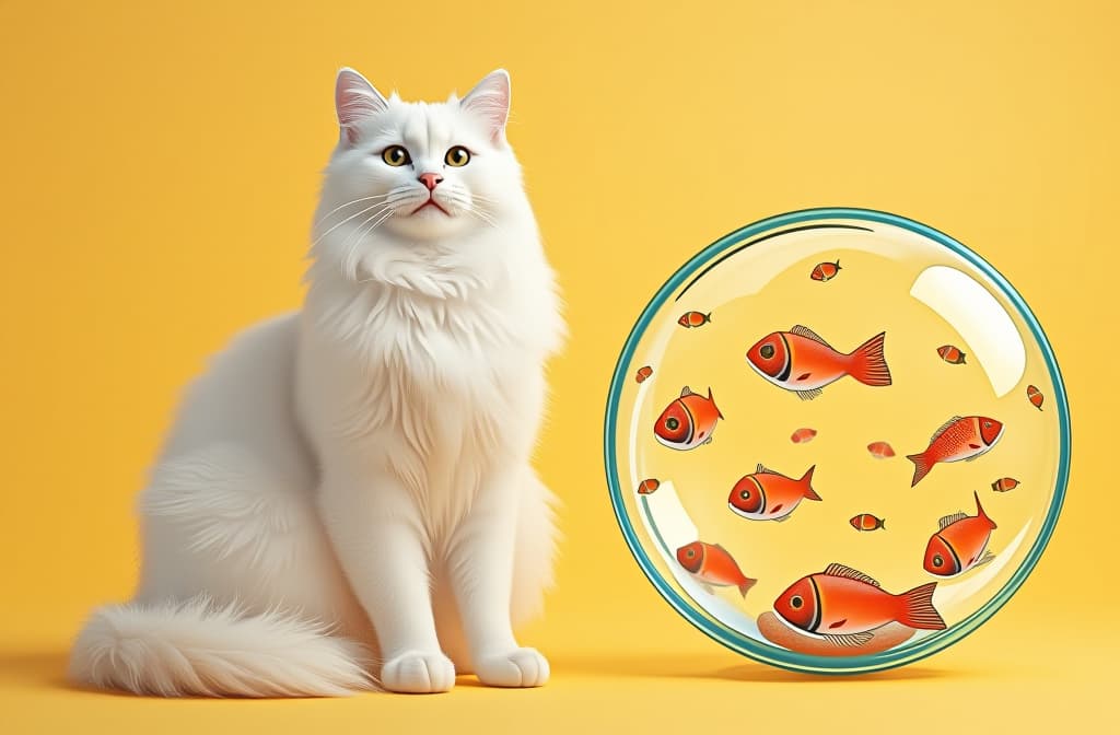  photo fluffy white cat , sitting on left side, right side is empty for text, big cartoon drawn circles with dry cat food fish inside circles flying around cat head, yellow pastel solid background ar 3:2 {prompt}, maximum details