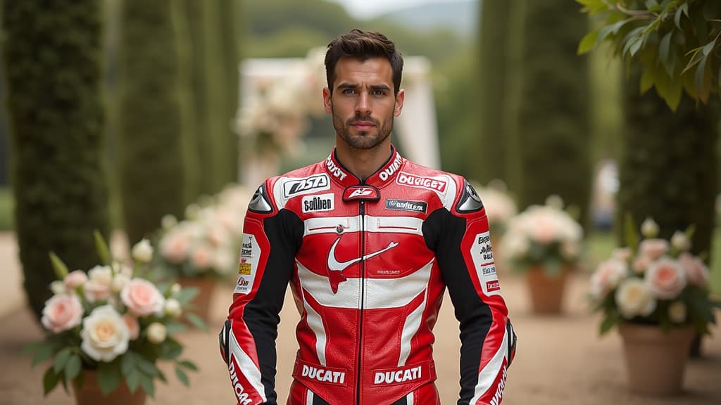  create an image of jorge martin in his ducati racing suit, standing in a picturesque estate in sant andreu de llavaneres, surrounded by wedding decorations. include elements like motocross gear, a ducati logo, and a wedding setting with flowers and elegant decor. capture the contrast between the intensity of the racetrack and the joyful atmosphere of the wedding celebration. show martin's determination and resilience in the face of setbacks, embodying the essence of balancing professional challe