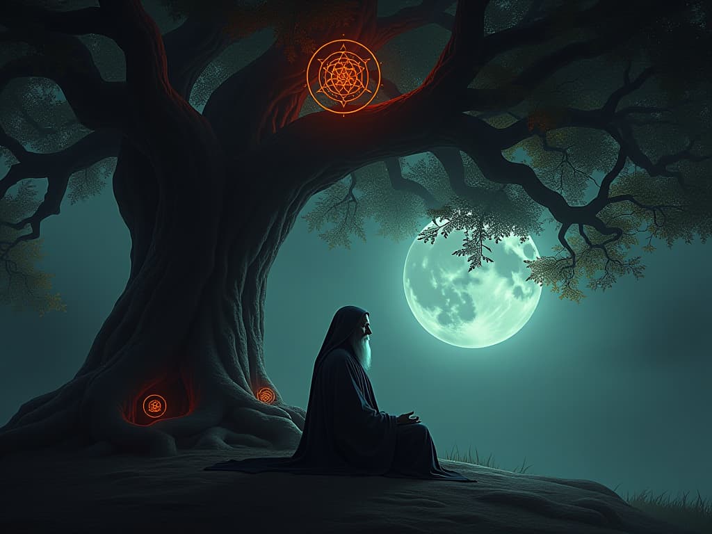  a wise sage meditating under an ancient tree, symbols of wisdom and insight glowing around, soft moonlight filtering through leaves, a serene and contemplative mood.. the style is dark fantasy and mysterious occult, symbolic, moody lighting, esoteric vibe,high detail on character design. for the color scheme emphasize blacks and reds.