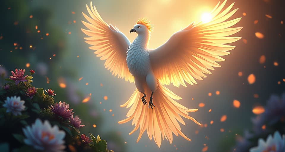  bright, ethereal phoenix rising from an enchanted garden, surrounded by glowing flowers and light, symbolizing liberation and transformation.. the style is digital art illustration,highly detailed, whimsical,magical, dreamlike atmosphere, realism and fantasy blend, smooth, glossy textures,luminous quality, wonder and enchantment.