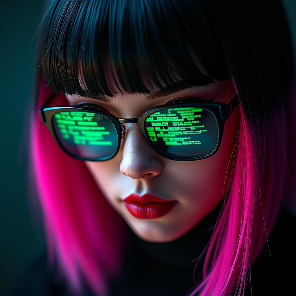  extreme closeup of stunning male cyberpunk hacker, straight cut two tone hair, black with pink highlights, bangs, futuristic glasses or visor, dark eyeshadow, red lips, looking at an unseen computer screen, her glasses reflecting green mirrored, reversed ascii analog text on a black background, perfect composition, realistic photographic image, raw photo highest quality, perfect directional lighting hyperrealistic, full body, detailed clothing, highly detailed, cinematic lighting, stunningly beautiful, intricate, sharp focus, f/1. 8, 85mm, (centered image composition), (professionally color graded), ((bright soft diffused light)), volumetric fog, trending on instagram, trending on tumblr, HDR 4K, 8K