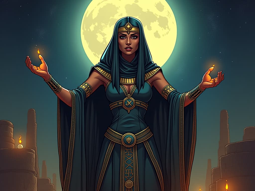  ancient egyptian priestess in elaborate, tight robes, conducting a ritual under the full moon, symbols glowing, air of potent power. the style is digital art illustration / modern comic book / mysterious occult, symbolic, esoteric vibe,high detail on character design, incorporating ancient egyptian symbology and attire.