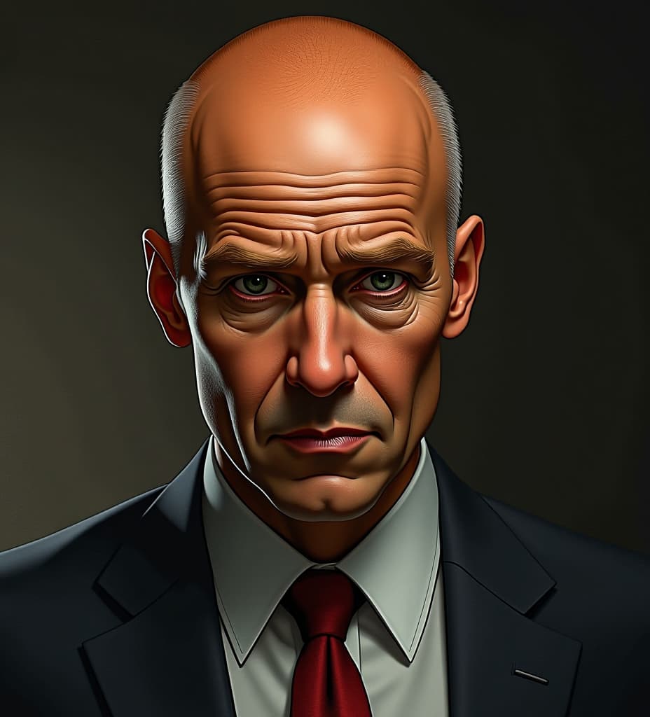  character portrait balding red haired man, bald on top with silver hair on sides, wearing office clothes, possibly a government fbi agent, in a film noir style