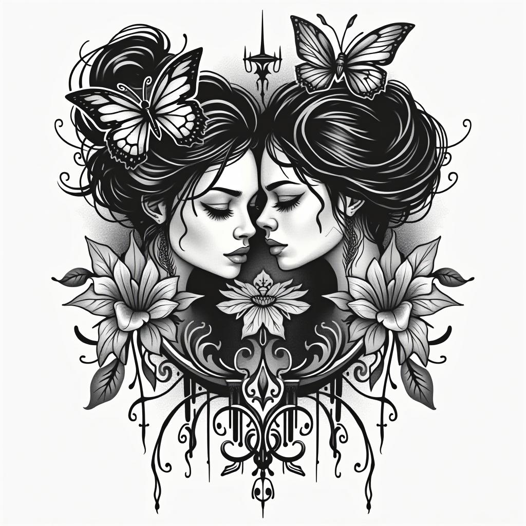  create a tattoo design of 2 women , in the style of blackwork which is featuring bold black lines and shading, often with a focus on abstract or surreal imagery, on a white background