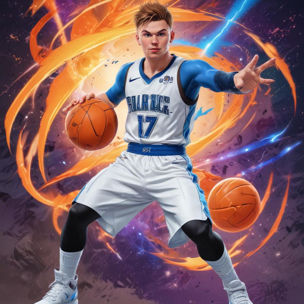 distance-shot, flashy, full-body, dynamic, holographic, animated cartoon poster of luka doncic in the style of dragon ball super