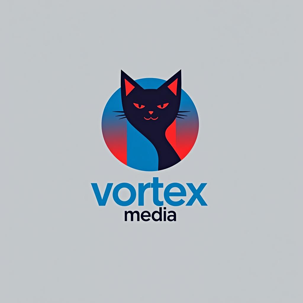  design a logo, minimalistic logo of a cat, blue and red background, with the text 'vortex media'.